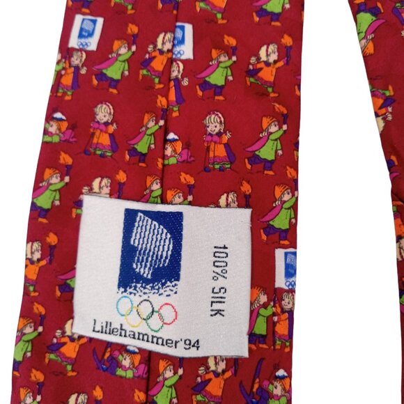 Vintage Olympics Necktie Tie Lillihammer 94 Silk Red Logo Torch '94 Winter Games - Picture 6 of 6